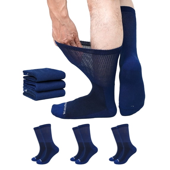 LOFIR Bamboo Viscose Diabetic Socks for Men & Women, 3 Pairs Wide Calf Crew Socks, Seamless Toe Socks for Swollen Feet, Size 11-13, Blue