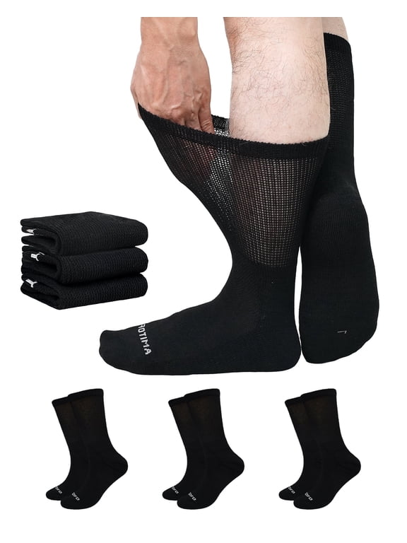 Bamboo Viscose Diabetic Socks for Men & Women, 3 Pairs Wide Calf Crew Socks, Seamless Toe Socks for Swollen Feet, Size 11-13, Black