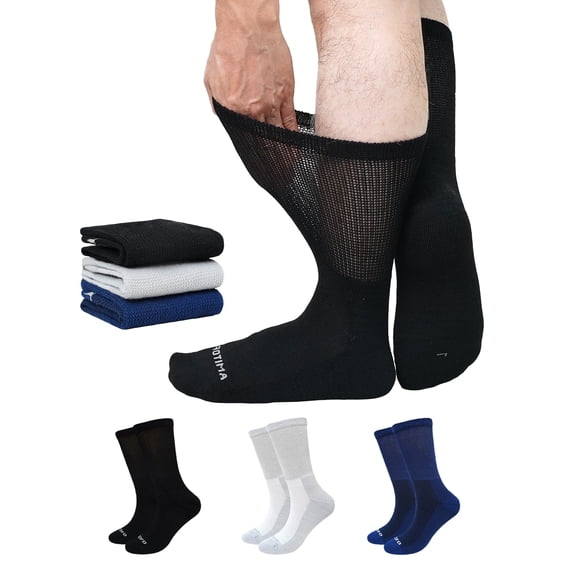 LOFIR Bamboo Viscose Diabetic Socks for Men & Women, 3 Pairs Wide Calf Crew Socks, Seamless Toe Socks for Swollen Feet, Size 11-13, Mixed Color