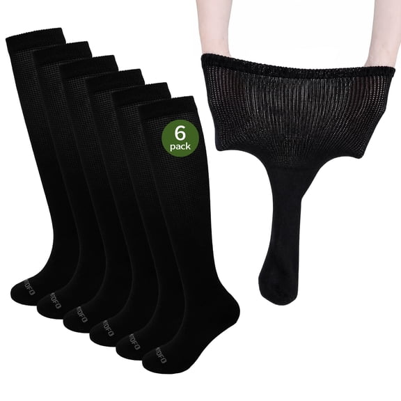 LOFIR Bamboo Viscose Diabetic Socks for Men Women, Extra Wide Non-Binding Moisture-Wicking Neuropathy Socks, 6 Pairs Seamless Knee High Socks, Size 9-11, Black