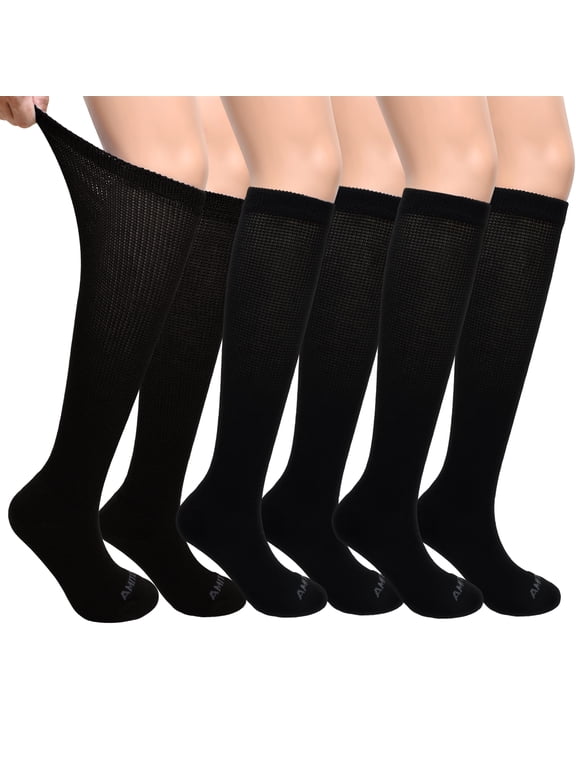 Bamboo Viscose Diabetic Socks for Men Women, Extra Wide Non-Binding Moisture-Wicking Neuropathy Socks, 6 Pairs Seamless Knee High Socks, Size 9-11, Black
