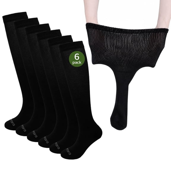 LOFIR Bamboo Viscose Diabetic Socks for Men Women, Extra Wide Non-Binding Moisture-Wicking Neuropathy Socks, 6 Pairs Seamless Knee High Socks, Size 9-11, Black