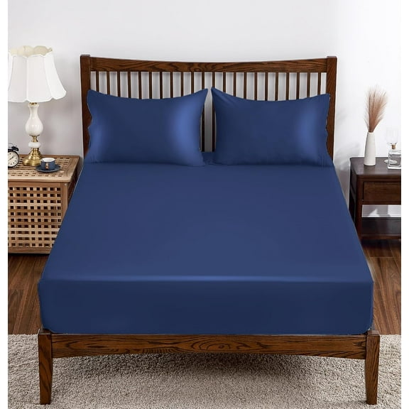 Bamboo Viscose Fitted Sheet 1 Pack Queen Size Only,400 Thread Count,8-16" Deep Pocket,Bottom Sheet Colorfast Soft & Silky & Breathable(1 Fitted Sheet Only, Navy Blue, Queen)