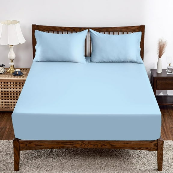 Bamboo Viscose Fitted Sheet 1 Pack Twin-XL/Split King Size Only,400 Thread Count,8-16" Deep Pocket,Bottom Sheet Colorfast Soft & Silky & Breathable(1 Fitted Sheet Only, Sky Blue, Twin-XL)