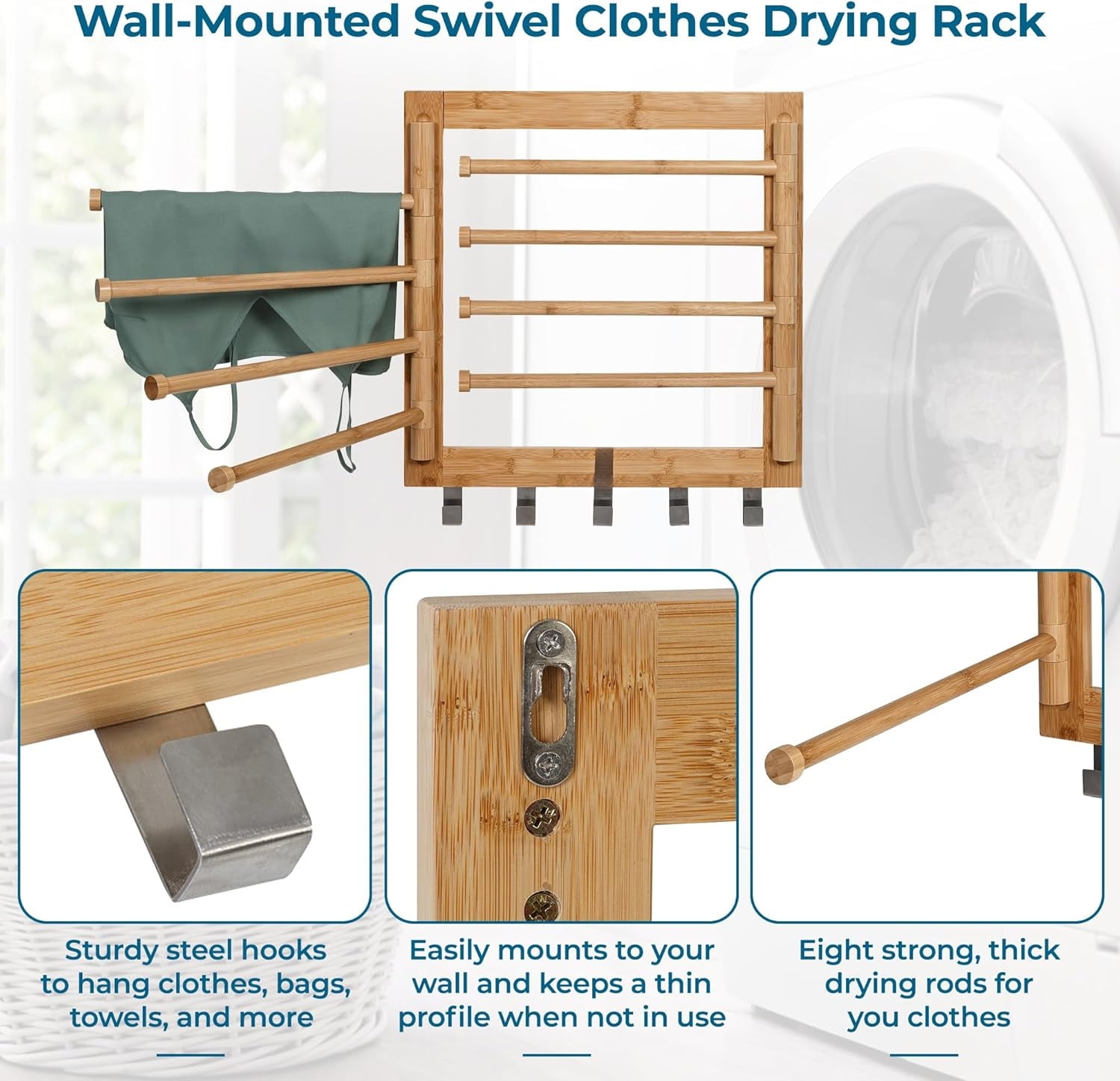 Bamboo Wall Mount Drying Rack, Swivel & Foldable Clothes & Laundry ...