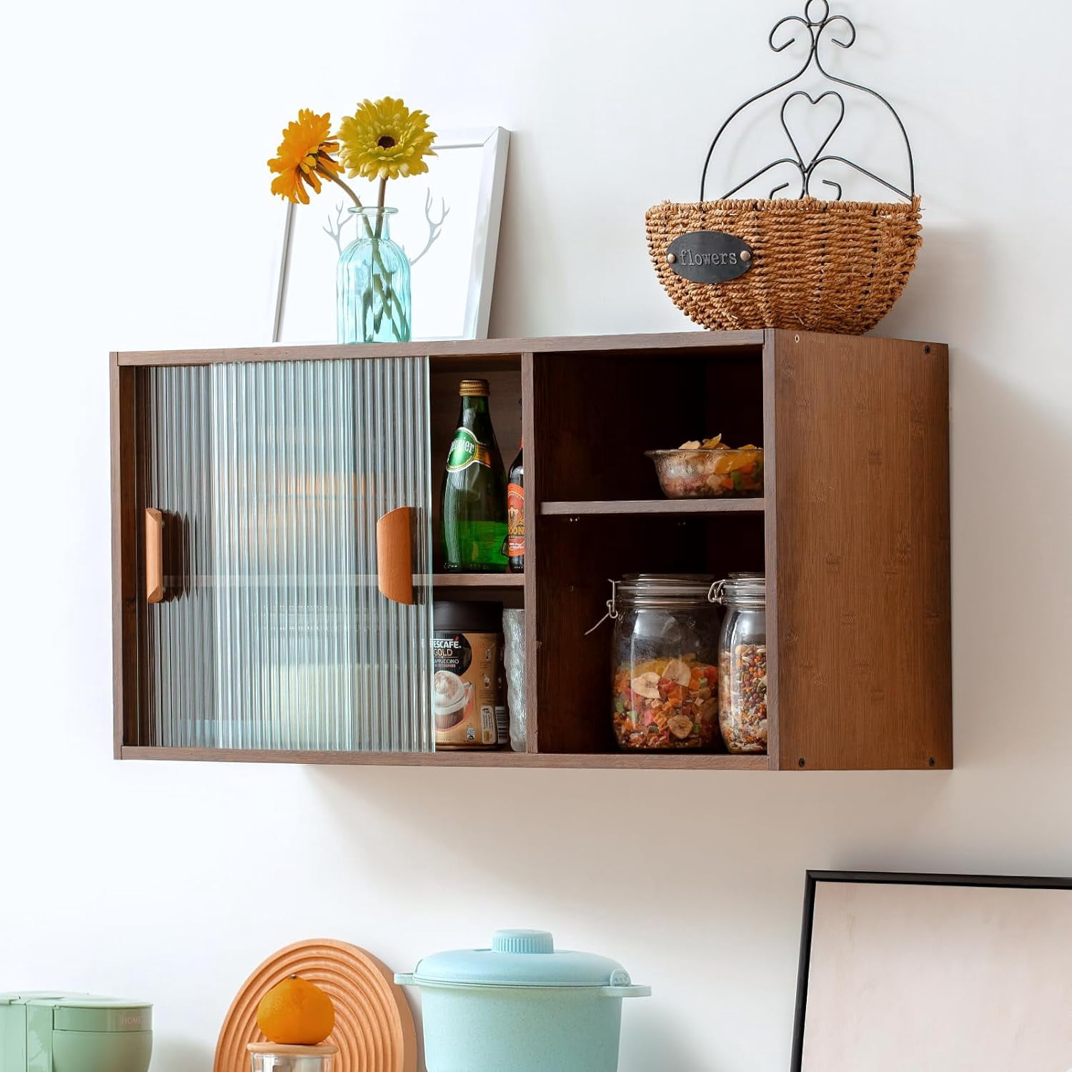 Bamboo Wall Mounted Kitchen Sideboard with 2 Sliding Glass Door, Freestanding Wall Storage Cabinet with Side Shelf for Bottle, Dish, Bowl, Console Dining Cupboard, Walnut
