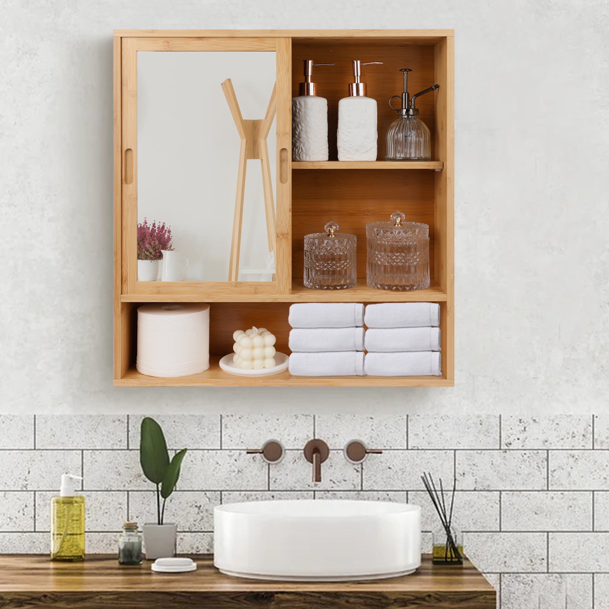 Bamboo Wall Storage Cabinet With Mirror For Bathroom Kitchen Living Room