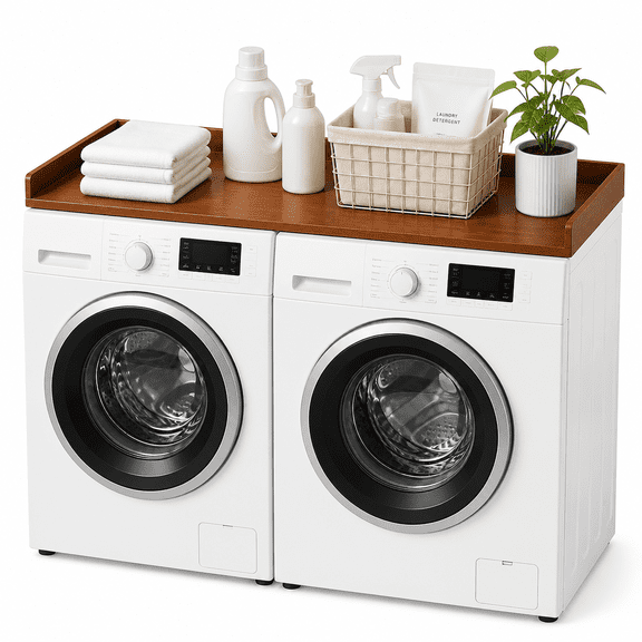 Bamboo Washer and Dryer Countertop for Laundry Room Organization, 58" W x 27.5" D Clothes Folding Station with Non-Slip Surface & Curved Edge Rails,Walnut