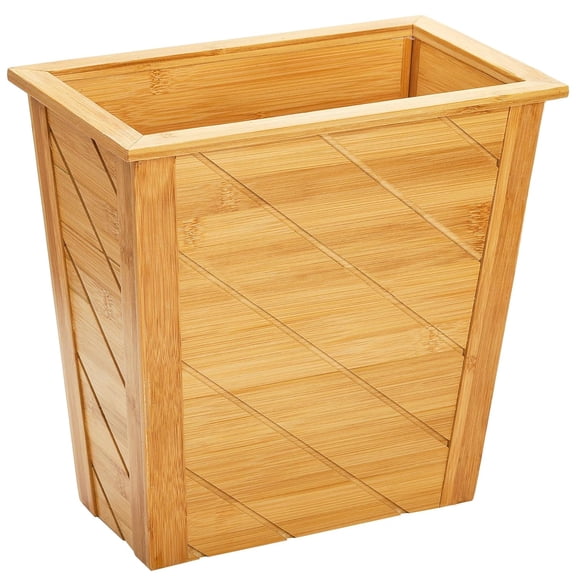 Bamboo Waste Basket, Rectangular Compact Waste Trash Can Garbage Bin Built-in Handles Brown Container Bin for Bedroom, Office, Living Room, Kitchen, Bathroom
