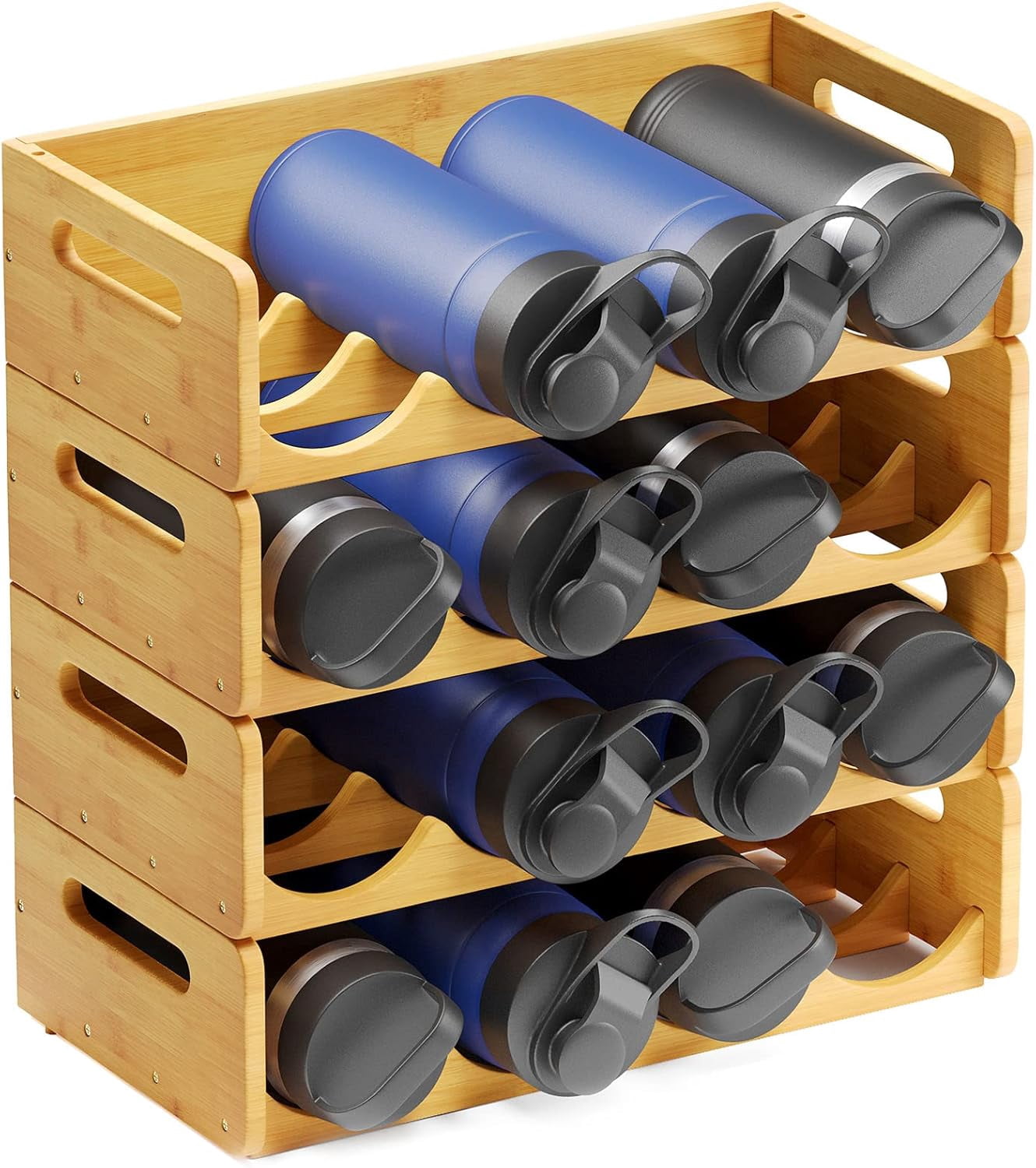 View of Bamboo Water Bottle Organizer with Labels, Kitchen Pantry Water Bottle ...