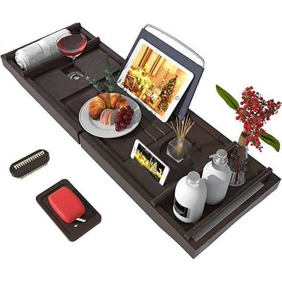 Bamboo Waterproof Expandable Bath Table Over Tub with Wine and Book Holder and Free Soap Dish (Brown)