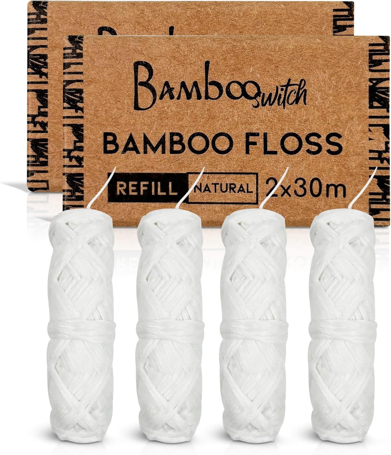 Bamboo White Dental Floss Refills (4 Spools), Eco-Friendly, Mint Bamboo Fiber, Vegan, Plastic-Free