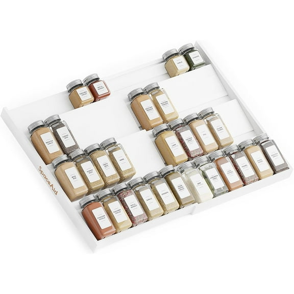 Bamboo White Spice Drawer Organizer, (Need 3" Deep Drawer) Expandable 4 Tier Spices Rack for Cabinet, Kitchen Seasoning Storage Insert (Jars Not Included, From 12" to 23" Wide)