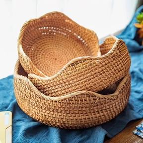 Bamboo Wicker Display Bowl Hand Woven Shallow Fruit Food Bread Serving Basket | Rustic Key Toy Wallet Entryway Table Storage Bowl| Circular Woven Decorative Straw Tray Basket