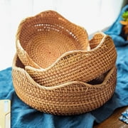 Bamboo Wicker Display Bowl Hand Woven Shallow Fruit Food Bread Serving Basket | Rustic Key Toy Wallet Entryway Table Storage Bowl| Circular Woven Decorative Straw Tray Basket