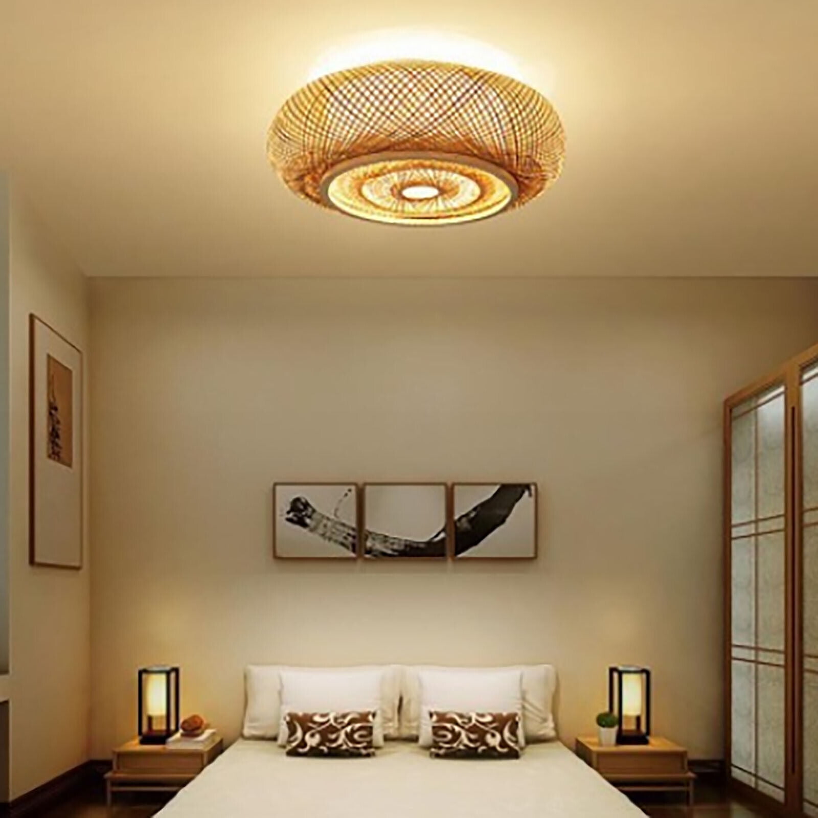Bamboo Wicker Rattan Lantern 3-Light Flush Mount Ceiling Lamp Fixture ...