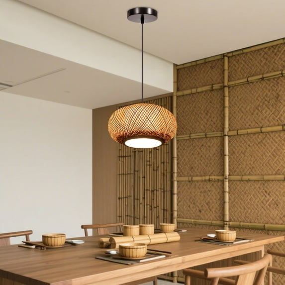 Bamboo Wicker Rattan Pendant Light Fixture, Vintage Handwoven Ceiling Lamp for Home, Living Room, Corridor, Adjustable Chain, E26/E27 Base