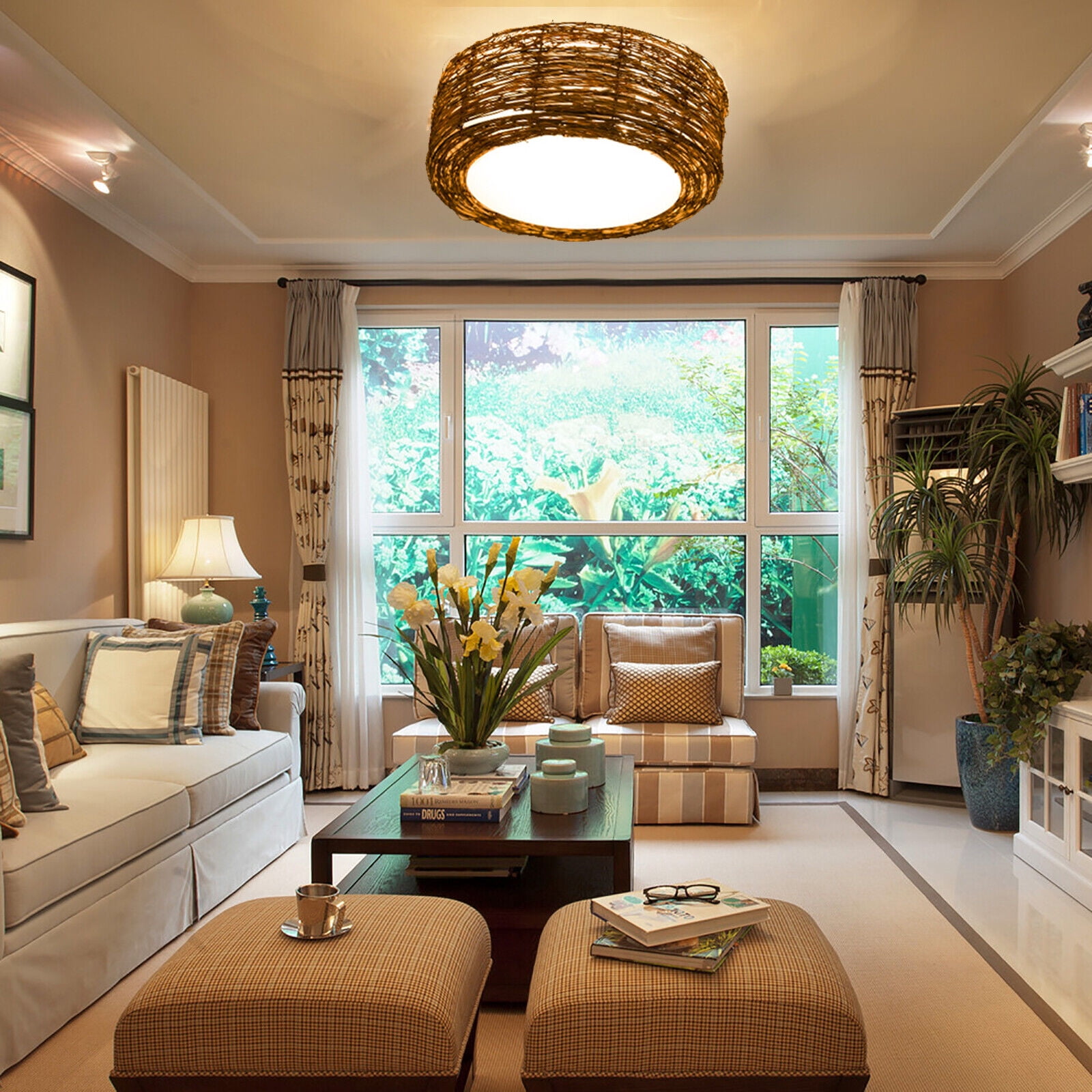 Bamboo Wicker Rattan Shade Ceiling Light Asian Flush Mount Ceiling Lamp ...
