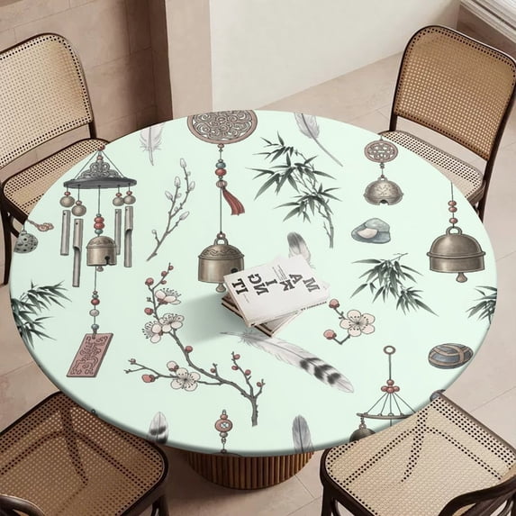 Bamboo Wind Chimes Decor Round Table Cover Kitchen Printed Waterproof ...