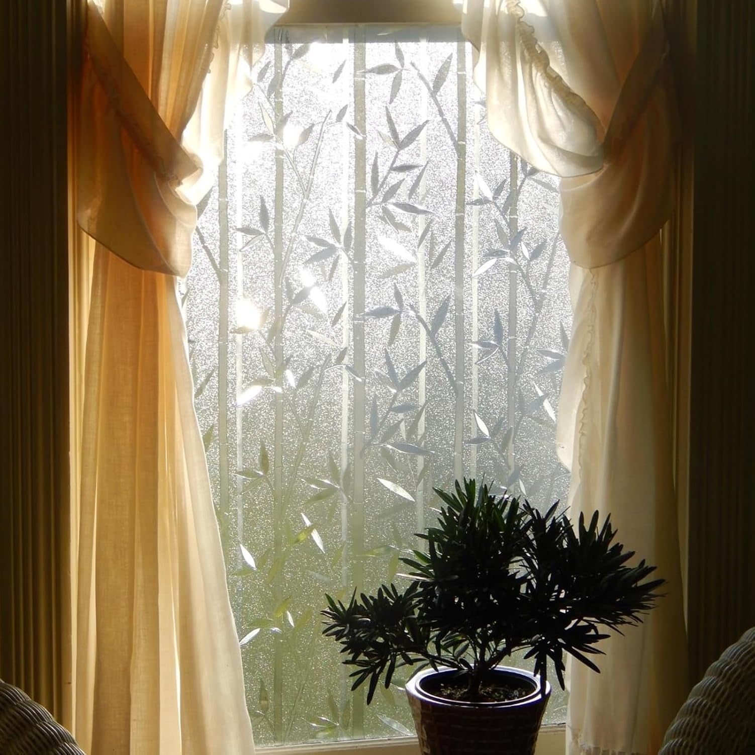 Bamboo Window Film, Frosted Privacy Window Decal Decorative Window