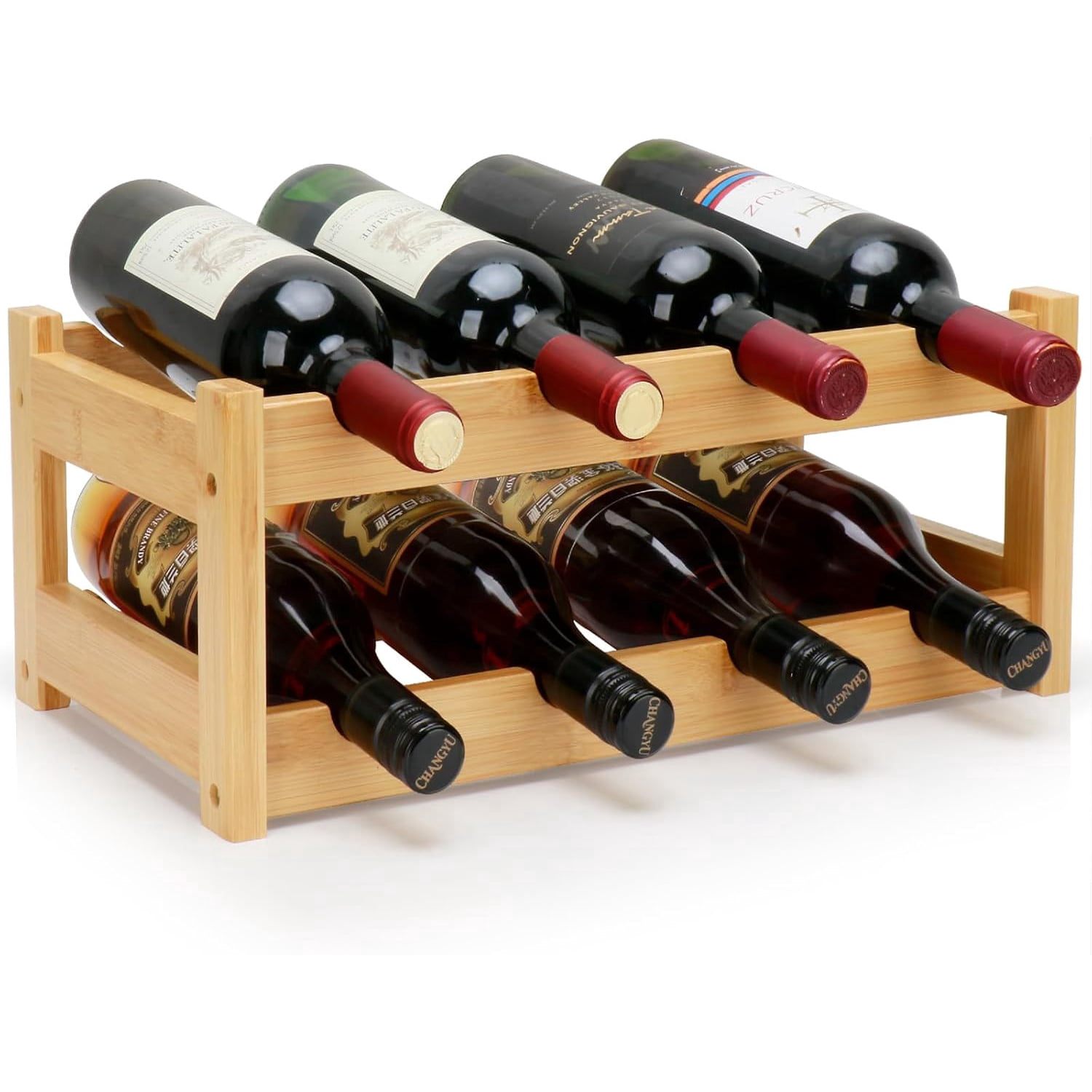 Bamboo Wine Rack, 2-Tier 8 Bottles Wine Storage Cabinet Shelf, Easy ...