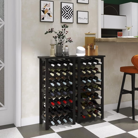 Bamboo Wine Rack, 28 Bottles Display Holder with Table Top, 7-Tier Free Standing Storage Shelves for Kitchen, Pantry, Cellar, Bar (Black)