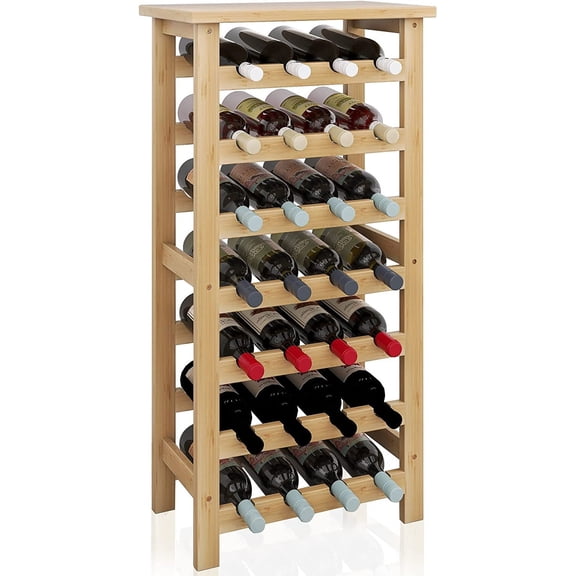 Bamboo Wine Rack, 28 Bottles Display Holder with Table Top, 7-Tier Free Standing Storage Shelves for Kitchen, Pantry, Cellar, Bar (Walnut)