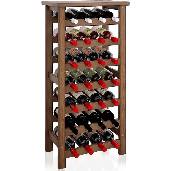 Bamboo Wine Rack, 28 Bottles Display Holder with Table Top, 7-Tier Free Standing Storage Shelves for Kitchen, Pantry, Cellar, Bar (Walnut)