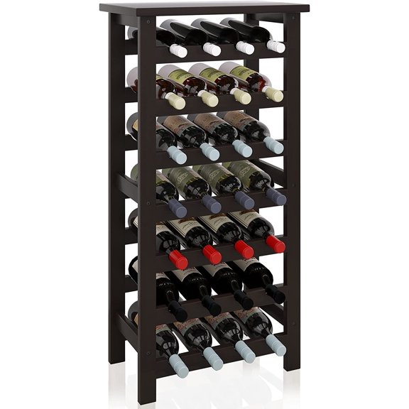 Bamboo Wine Rack, 28 Bottles Display Holder with Table Top, 7-Tier Free Standing Storage Shelves for Kitchen, Pantry, Cellar, Bar (Walnut)