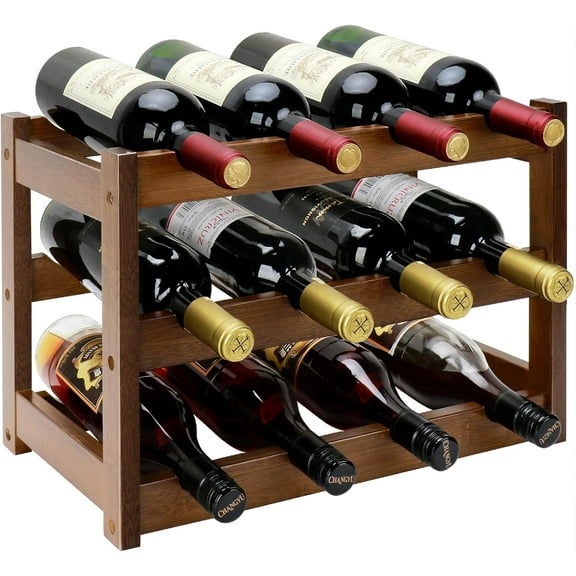 Bamboo Wine Rack, 3-Tier 12 Bottles Wine Storage Cabinet Shelf, Easy-Assembly Freestanding Bamboo Wine Racks Countertop for Kitchen Pantry Dining Room Bar, Walnut