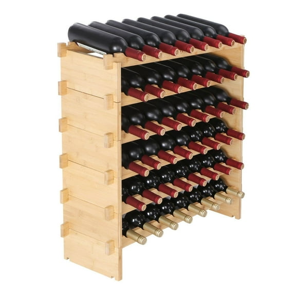 Bamboo Wine Rack Stackable 6 Tier - Modular Wine Storage Display Shelf for Collectors - Holds 48 Bottles - Natural Wood Finish