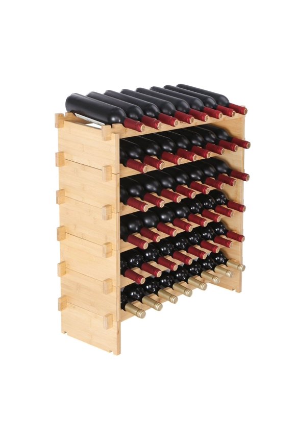 Bamboo Wine Rack Stackable 6 Tier - Modular Wine Storage Display Shelf for Collectors - Holds 48 Bottles - Natural Wood Finish