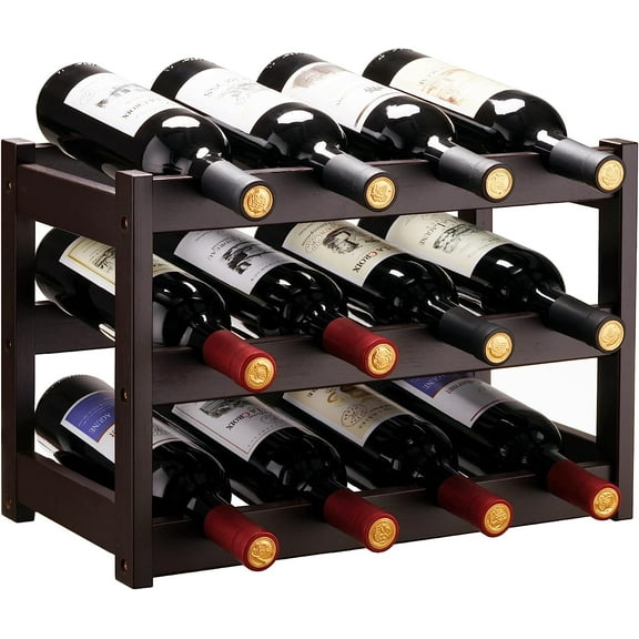 Bamboo Wine Rack, Sturdy and Durable Wine Storage Cabinet Shelf, Wine Racks Countertop for Pantry,Kitchen,3-Tier 12 Bottles Wine Rack Brown