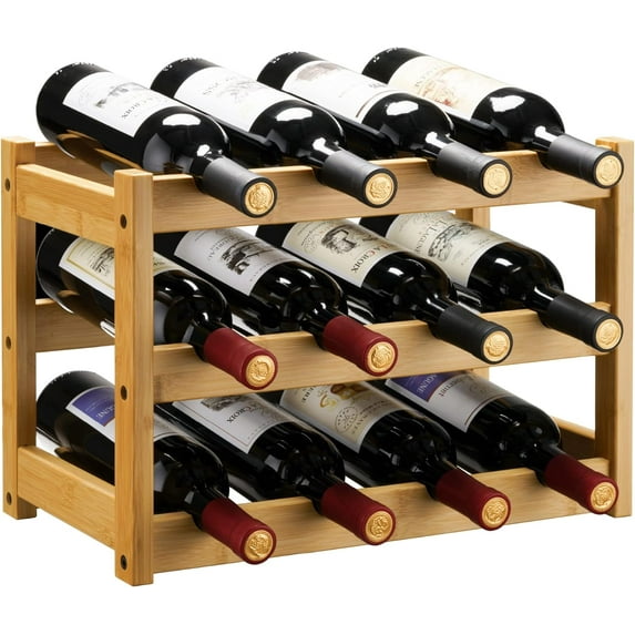 Bamboo Wine Rack, Sturdy and Durable Wine Storage Cabinet Shelf, Wine Racks Countertop for Pantry,Kitchen,3-Tier 12 Bottles Wine Rack Natural