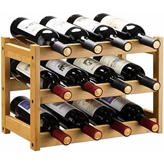 Bamboo Wine Rack, Sturdy and Durable Wine Storage Cabinet Shelf, Wine Racks Countertop for Pantry,Kitchen,3-Tier 12 Bottles Wine Rack Natural