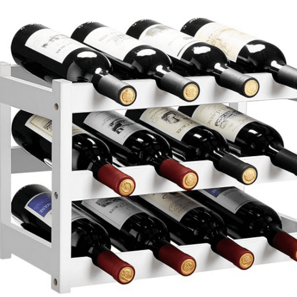 Bamboo Wine Rack, Sturdy and Durable Wine Storage Cabinet Shelf, Wine Racks Countertop for Pantry,Kitchen,3-Tier 12 Bottles Wine Rack White