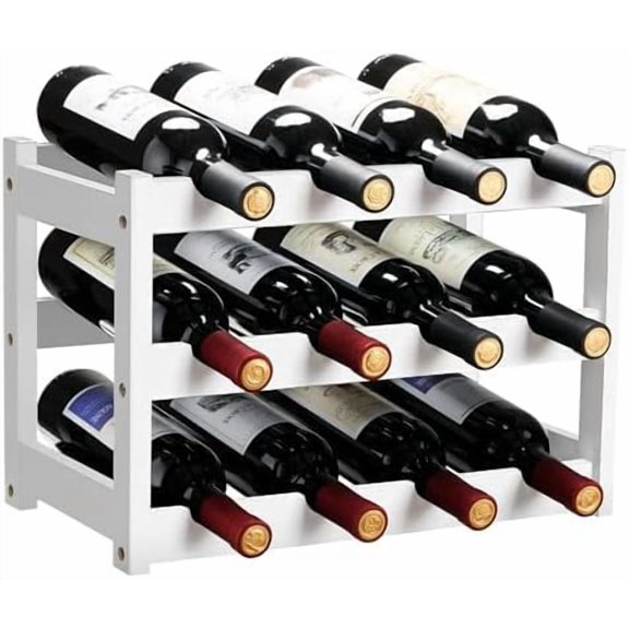Bamboo Wine Rack, Sturdy and Durable Wine Storage Cabinet Shelf, Wine Racks Countertop for Pantry,Kitchen,3-Tier 12 Bottles Wine Rack White