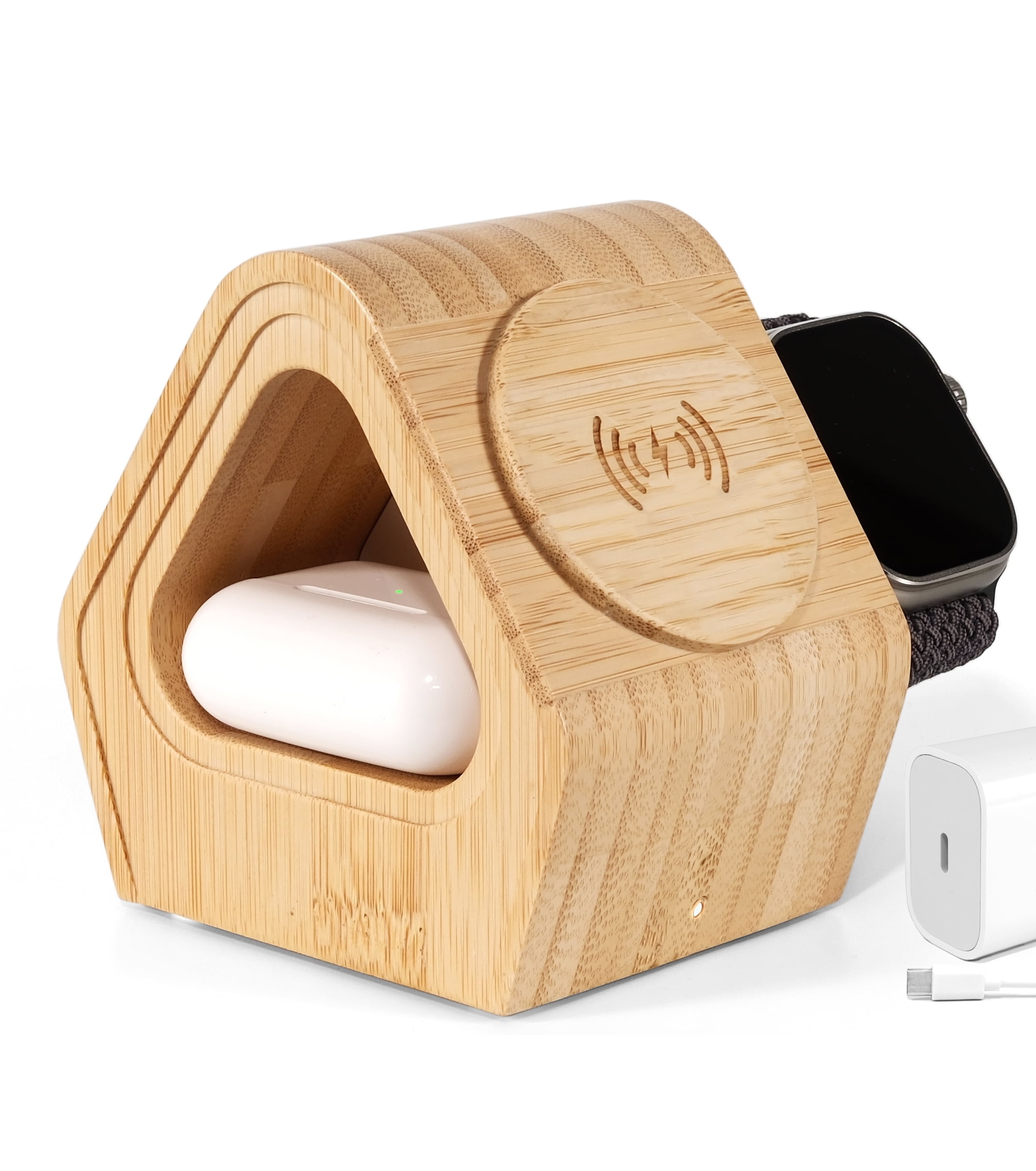 Bamboo Wireless Charging Station for Apple: 3-in-1 Charger Stand with Cabin Style for iPhone 17 16 15 14 13 Series, Apple Watch 10-2, Ultra, and AirPods 4-2, Pro, MagSafe Wireless Charger 20W Adapter