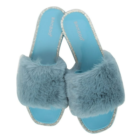 Bamboo Women's Furry Rhinestone Jelly Sandal, Blue , 10 M US