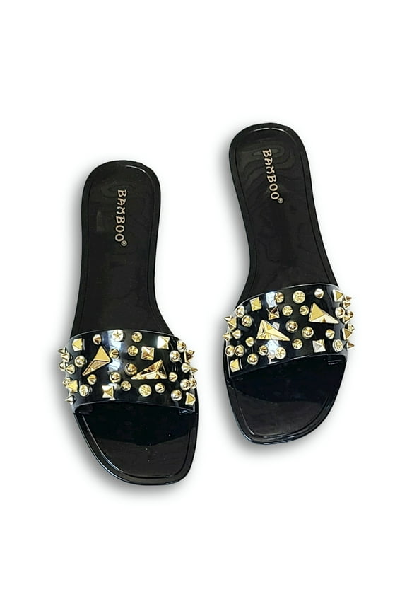 Women's Stud Embellished Jelly Flat Slides Sandals (Black, 6)