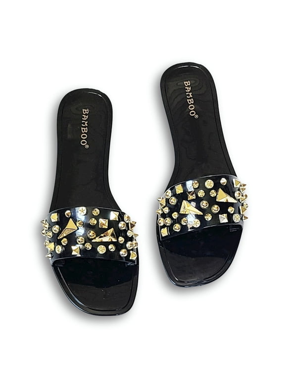 Women's Stud Embellished Jelly Flat Slides Sandals (Black, 8)