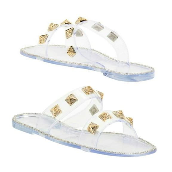 Bamboo Women's Stud Embellished Jelly Flat Slides Sandals (White, 6)