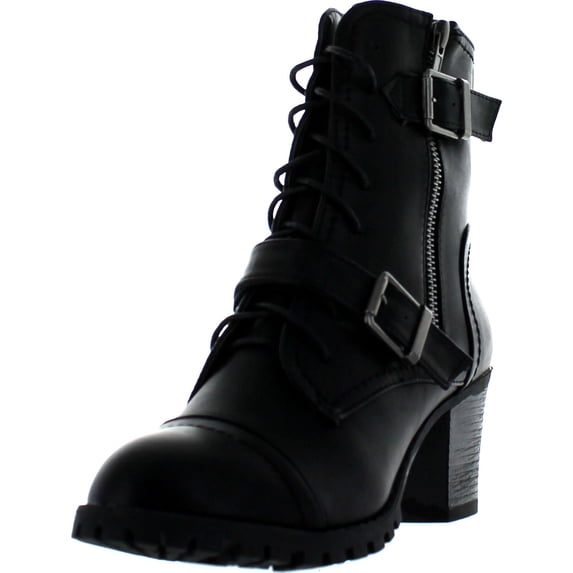 Bamboo Womens BAXTER-12L Double Buckle Chunky Heel Industrial Bootie