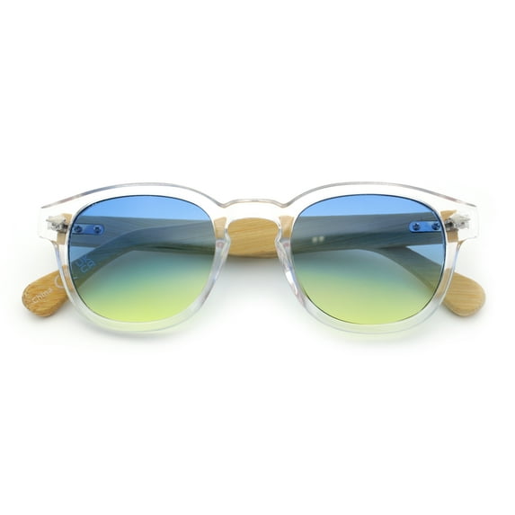 Bamboo Wood Arm Keyhole Round Horn Rim Hipster Vintage Vibe Sunglasses Clear - Blue Yellow