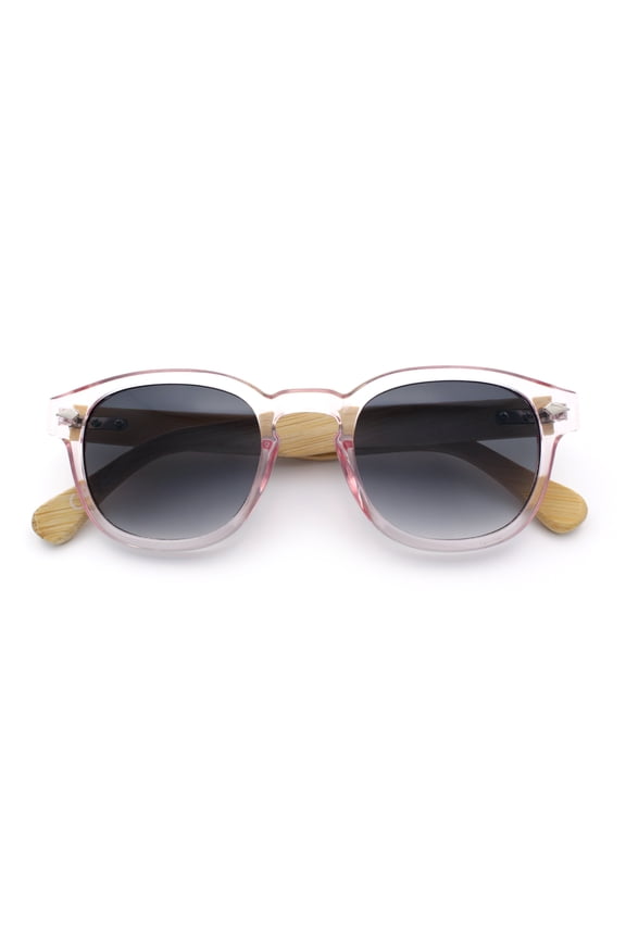 Bamboo Wood Arm Keyhole Round Horn Rim Hipster Vintage Vibe Sunglasses Pink - Smoke