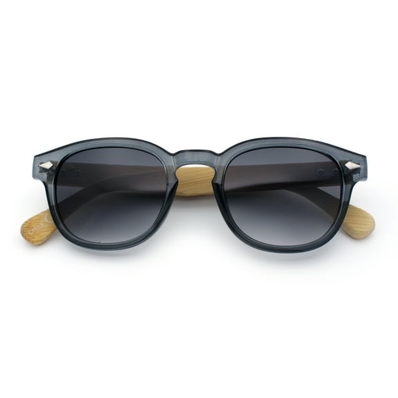 Bamboo Wood Arm Keyhole Round Horn Rim Hipster Vintage Vibe Sunglasses Slate - Smoke