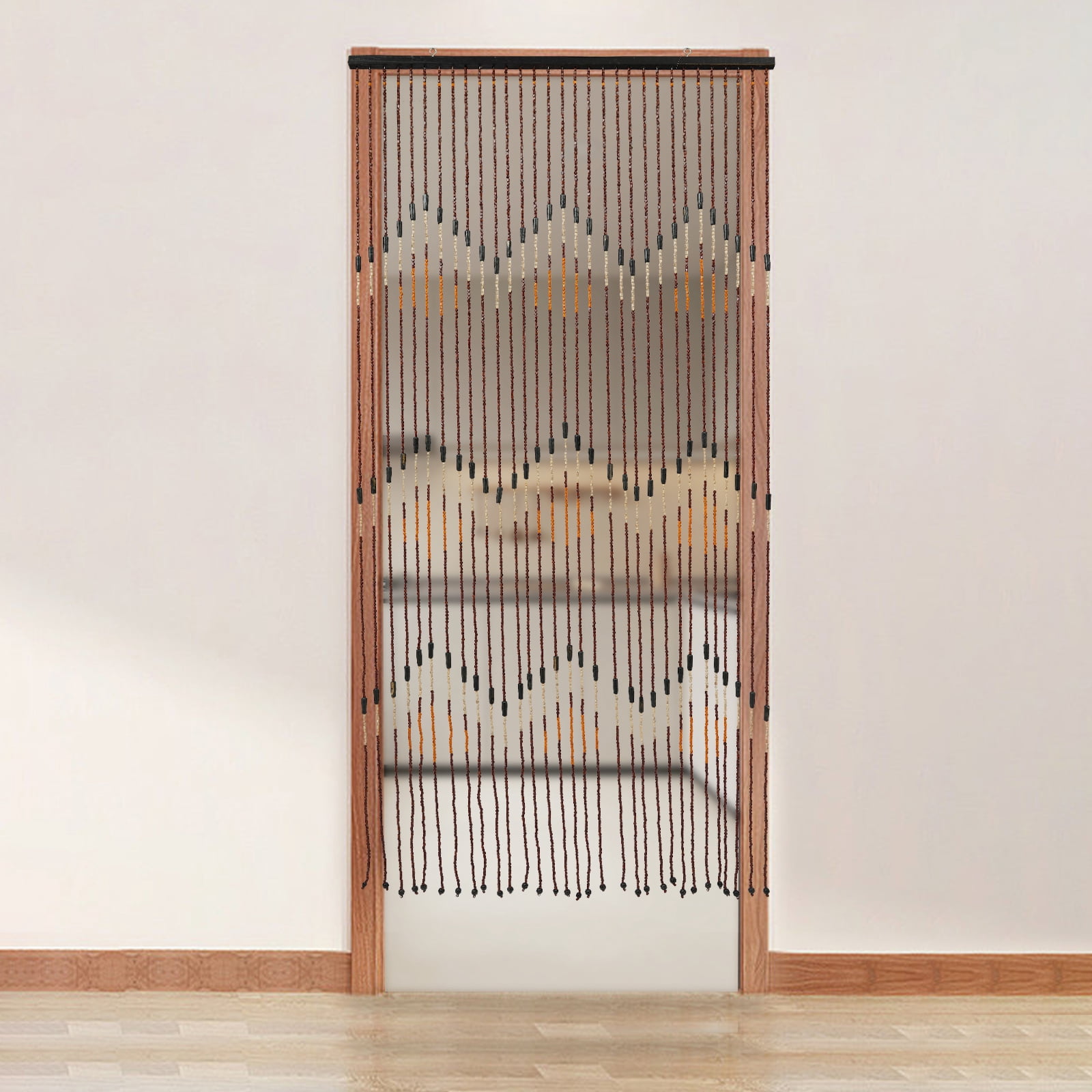 Bamboo Wood Beaded Curtain, 31-String Colorful Design with Round Bead Pendants, 35.43x76.77in Size, Handmade Chinese Style Room Divider