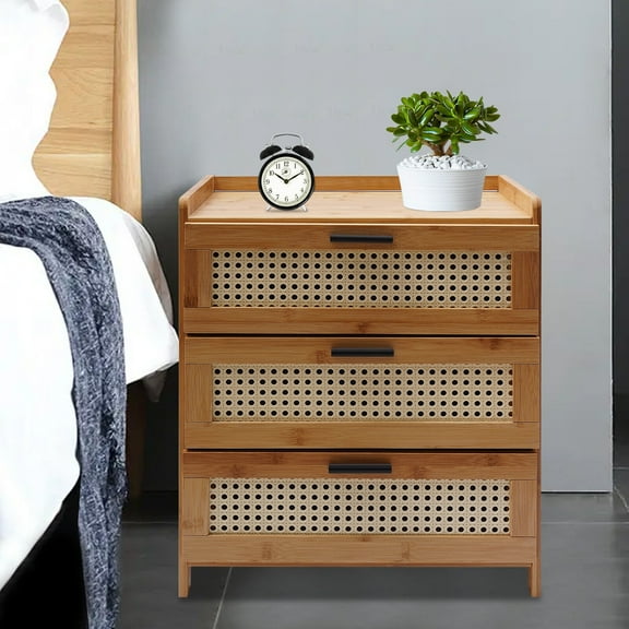 Bamboo Wood Bedside Table 3 Sliding Drawers End Table Nightstand Storage Cabinet Rectangle for Home