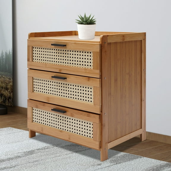 Bamboo Wood Bedside Table End Table 3 Sliding Drawers Nightstand Storage Cabinet
