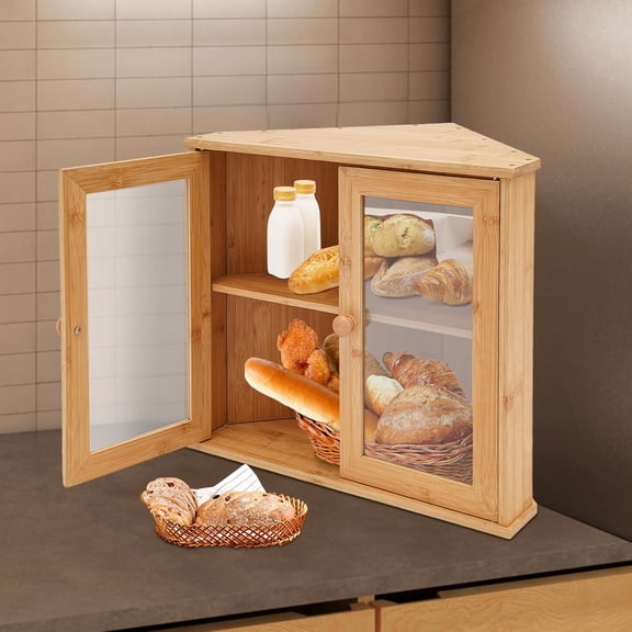 Bamboo Wood Bread Box, Double Bread Storage Box for Homemade Bread & Sourdough, Kitchen Large Storage Box, Transparent Acrylic Double Door Storage Box for Kitchen Countertops